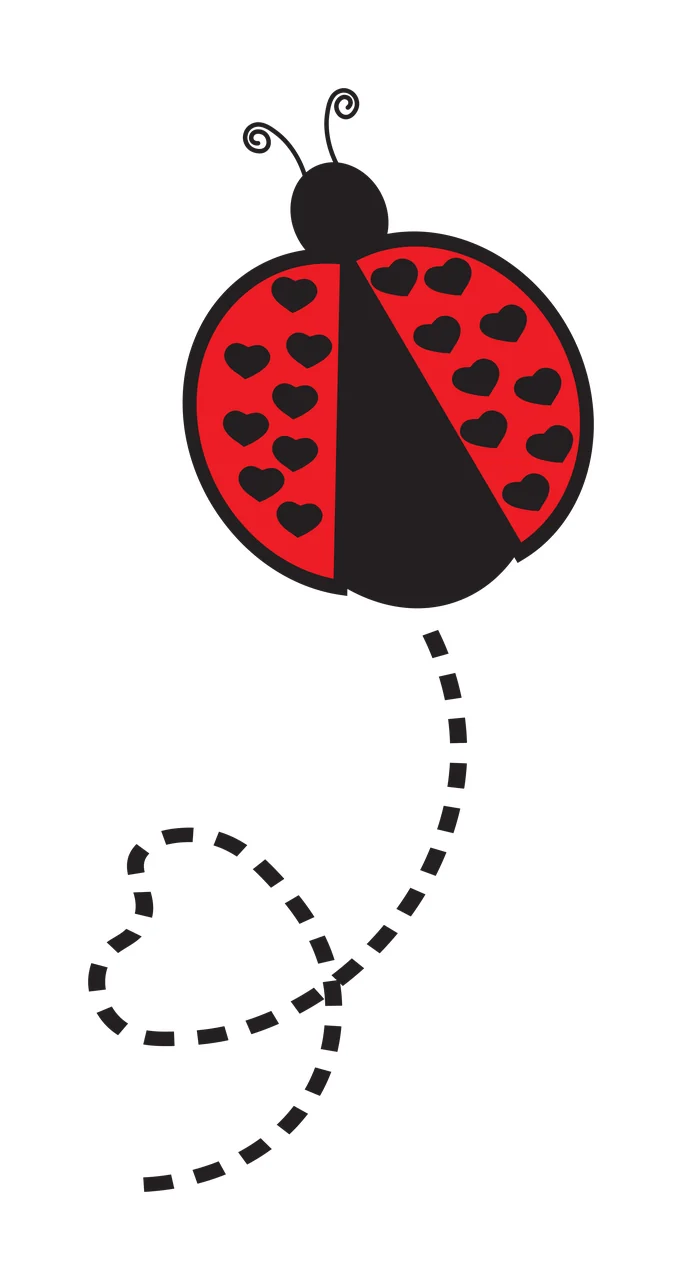 Flat Cartoon Illustration of Ladybug with heart-patterned wings and dashed heart trail with red ladybug, black heart-shaped spots, black antennae and dashed black line in white