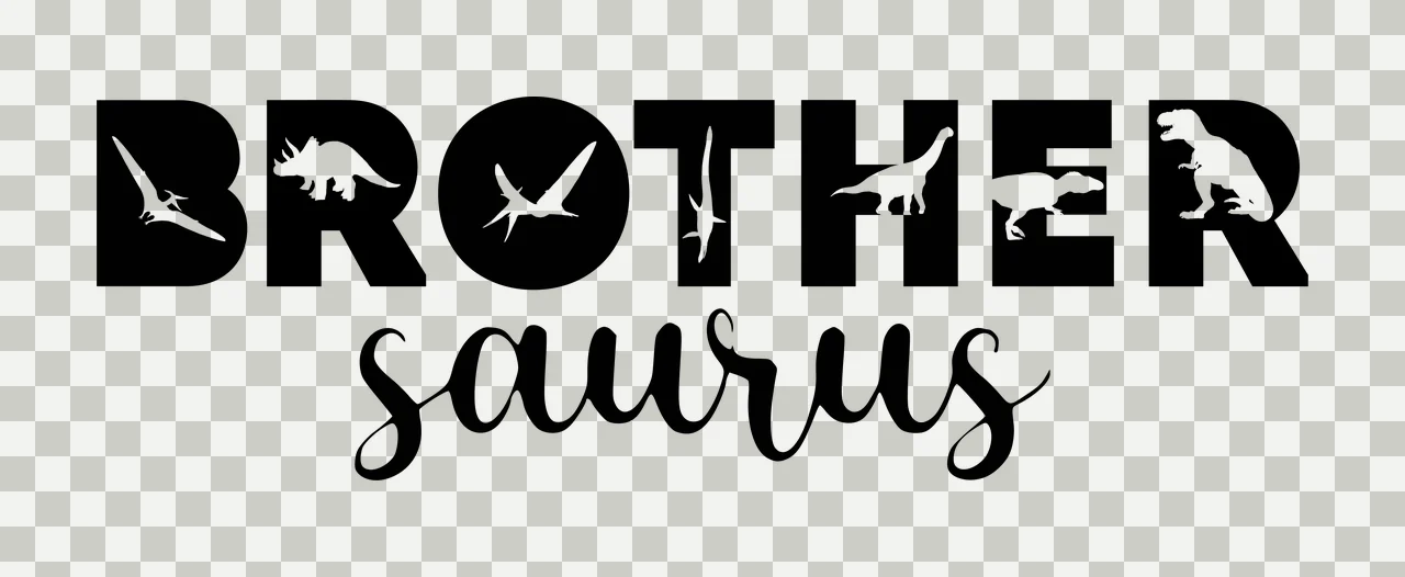 BROTHER saurus Typography Design with bold lettering, dinosaur silhouettes, cursive script and triceratops silhouette in black and white transparency and detail preview thumbnail