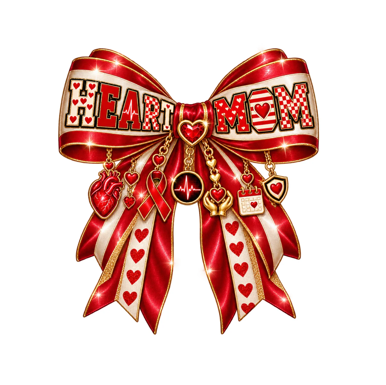 Heart Mom Bow Charm PNG, Patterned Varsity Mom Ribbon Clipart, Transparent Sublimation Digital Download