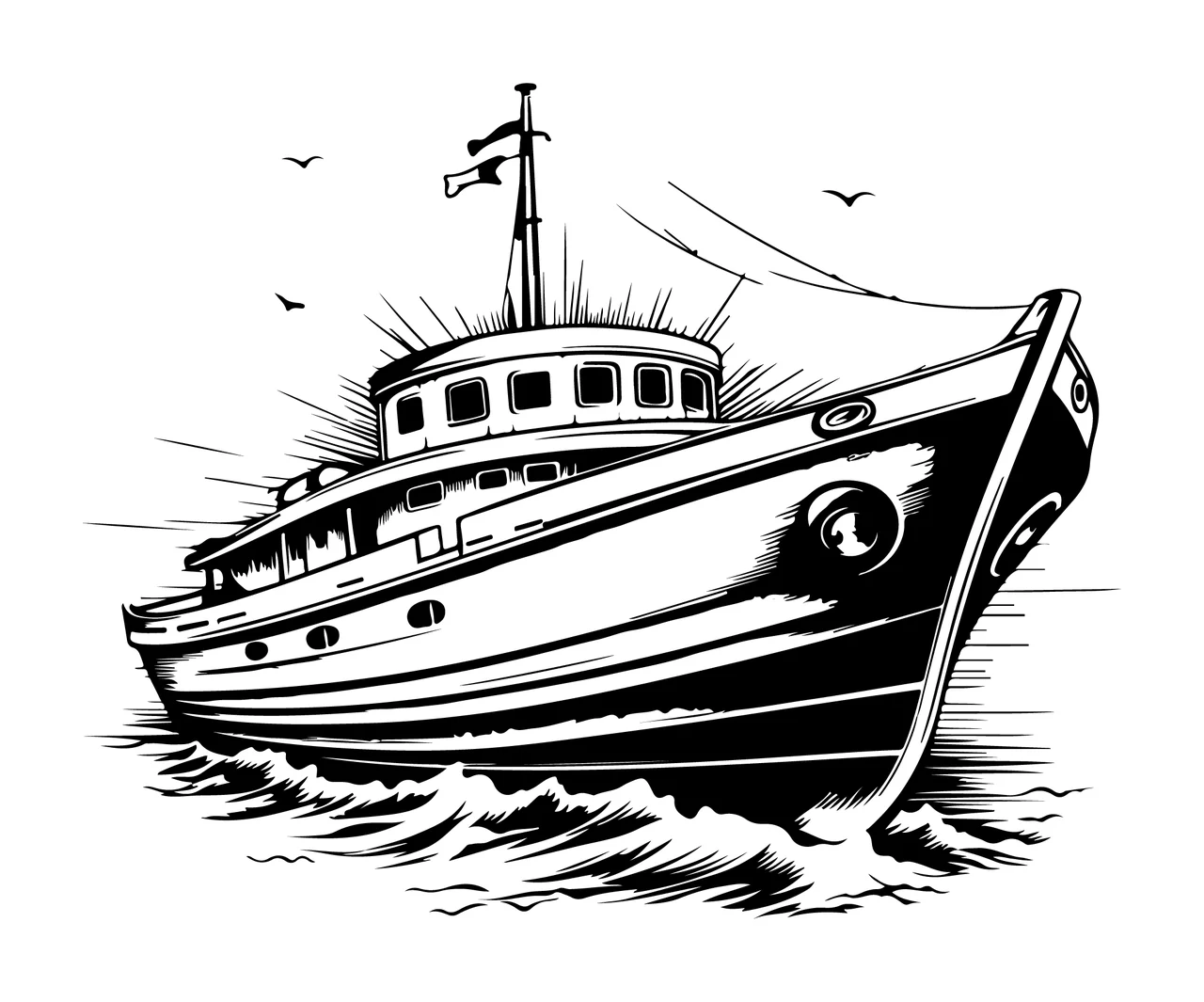 Ship Line Art Motor Yacht On Water sailing boat birds black