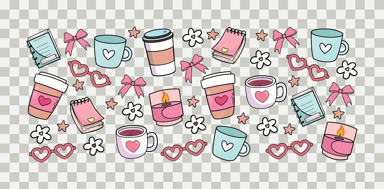 Coffee Bow Cups And Stationary Pattern Design cup notebook transparency and detail preview thumbnail