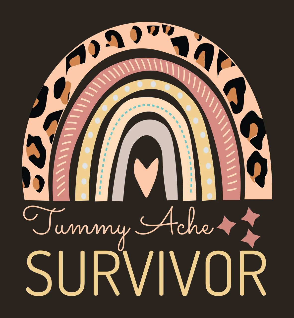 Tummy Ache SURVIVOR Typography Design with leopard print arch, multi-layered rainbow, pink heart and two pink stars in peach, black and brown contrast preview thumbnail