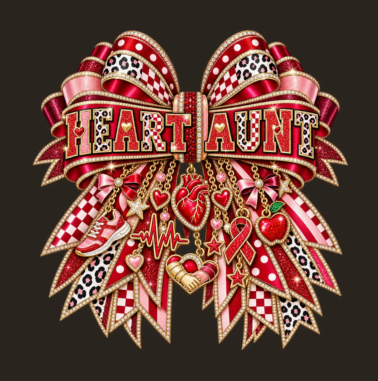 Heart Aunt Bow Charm PNG, Patterned Varsity Aunt Ribbon Clipart, Transparent Sublimation Digital Download contrast preview thumbnail