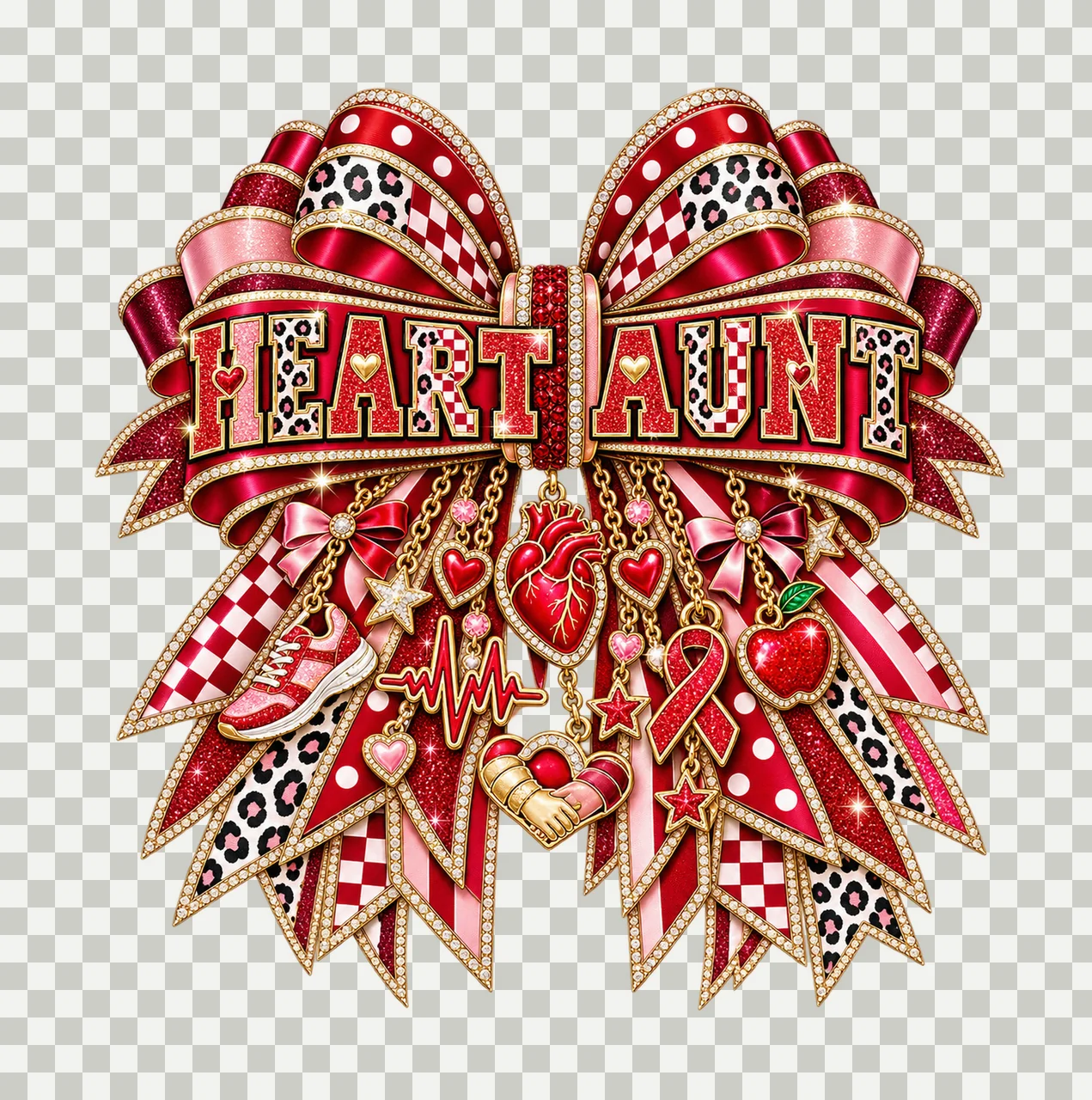 Heart Aunt Bow Charm PNG, Patterned Varsity Aunt Ribbon Clipart, Transparent Sublimation Digital Download transparency and detail preview thumbnail