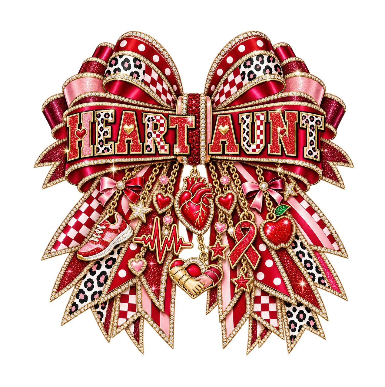 Heart Aunt Bow Charm PNG, Patterned Varsity Aunt Ribbon Clipart, Transparent Sublimation Digital Download