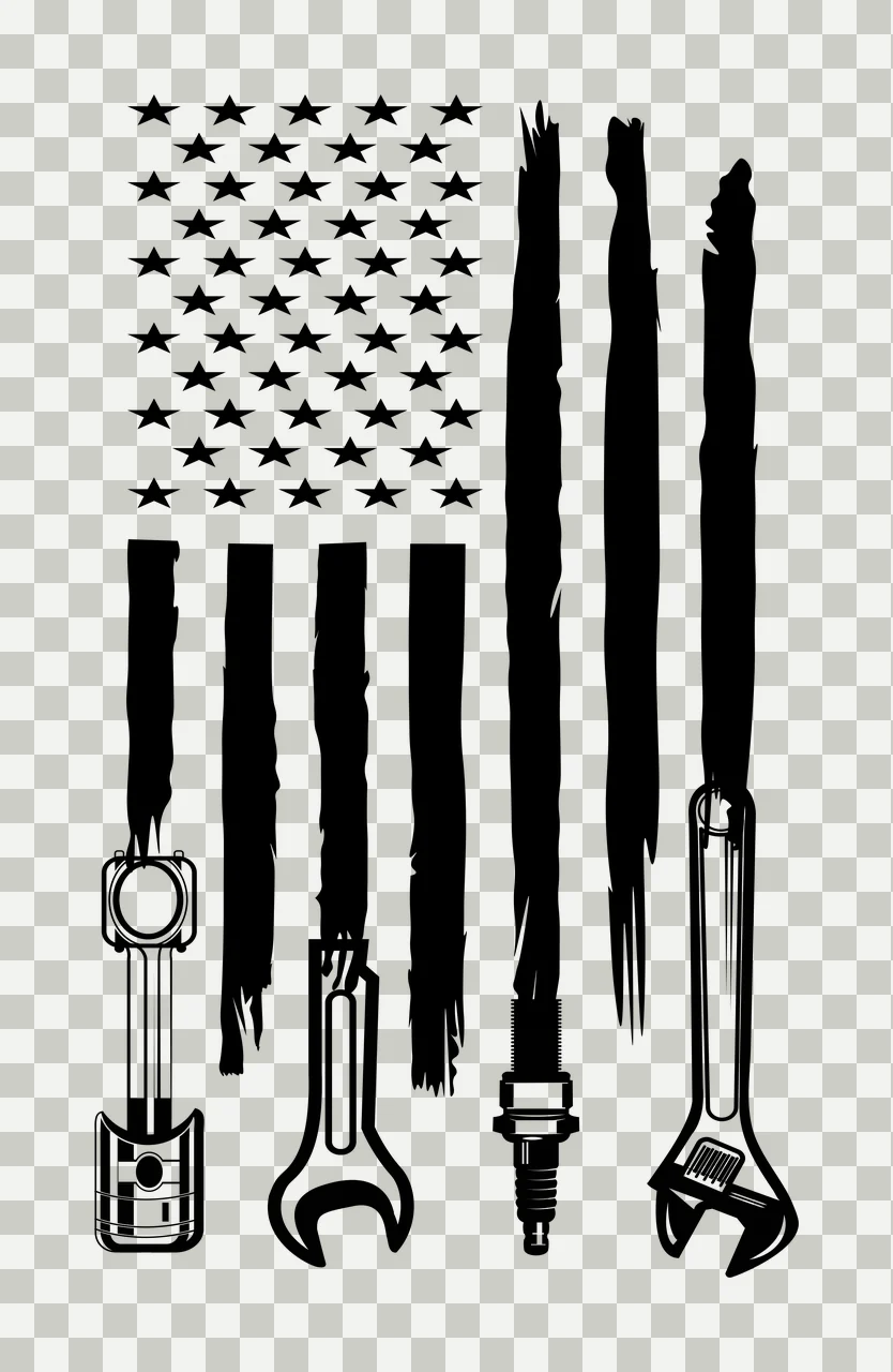 American flag mechanic design with stars, distressed stripes, piston and open-end wrench in black and white transparency and detail preview thumbnail
