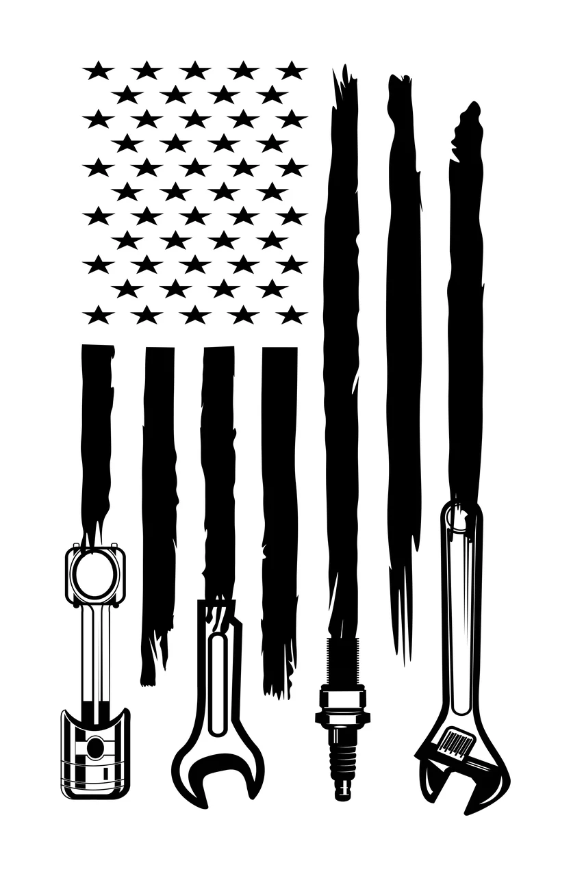 American flag mechanic design with stars, distressed stripes, piston and open-end wrench in black and white
