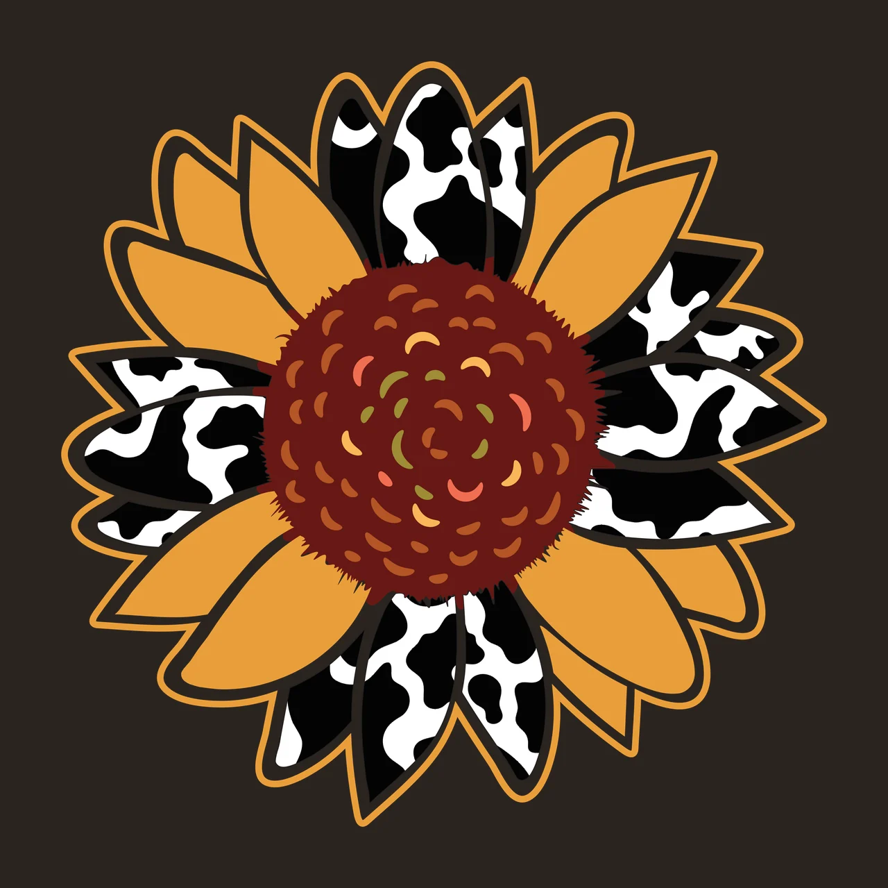Sunflower head Illustration with cow print petals, yellow petals, textured brown center and white outline in orange contrast preview thumbnail