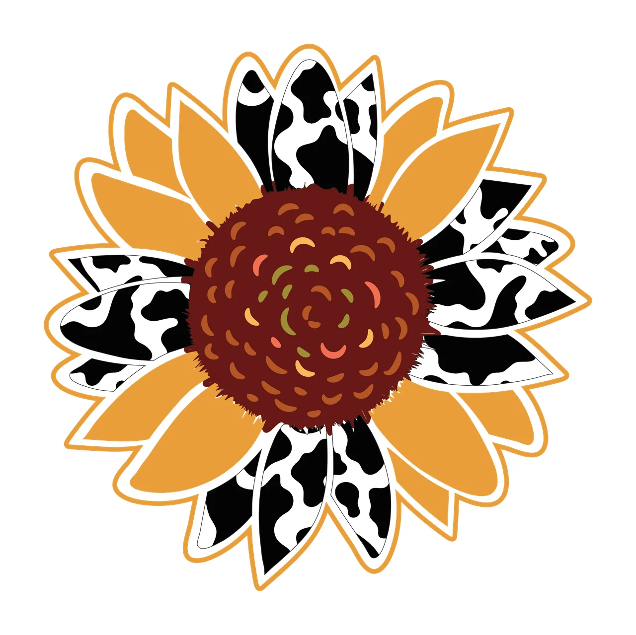 Sunflower head Illustration with cow print petals, yellow petals, textured brown center and white outline in orange