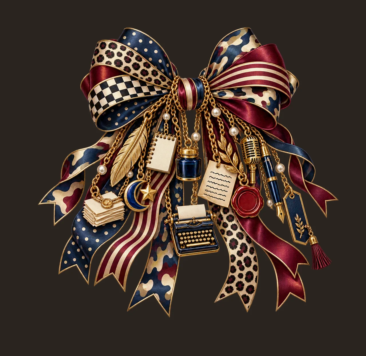 Poet Bow Charm PNG, Themed Gold Chain Charms, Coquette Ribbon Sublimation Design, Transparent Digital Download contrast preview thumbnail