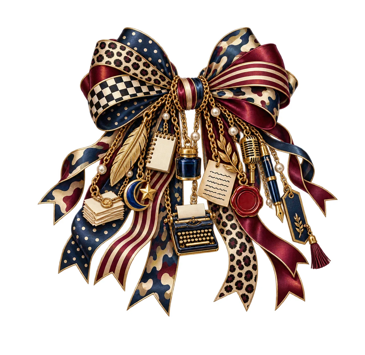 Poet Bow Charm PNG, Themed Gold Chain Charms, Coquette Ribbon Sublimation Design, Transparent Digital Download