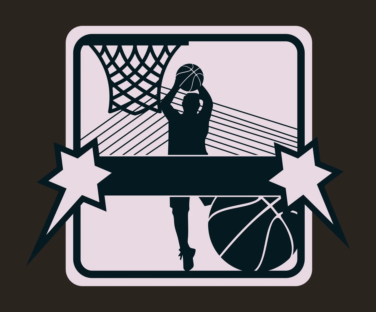 Basketball player silhouette Illustration with basketball hoop, stars, blank banner and court lines in black, light pink and white contrast preview thumbnail