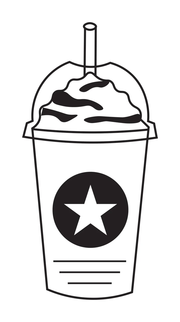 Line Art Illustration of Iced beverage cup with star logo with black star in circle, whipped topping, straw and three horizontal lines in white