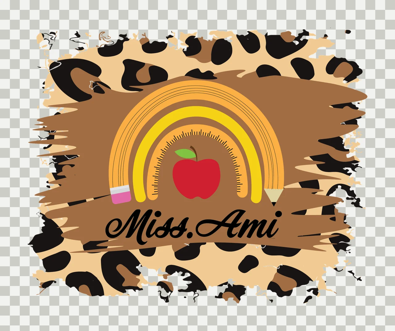 Miss Ami Text With Rainbow Apple and pencil leopard print transparency and detail preview thumbnail