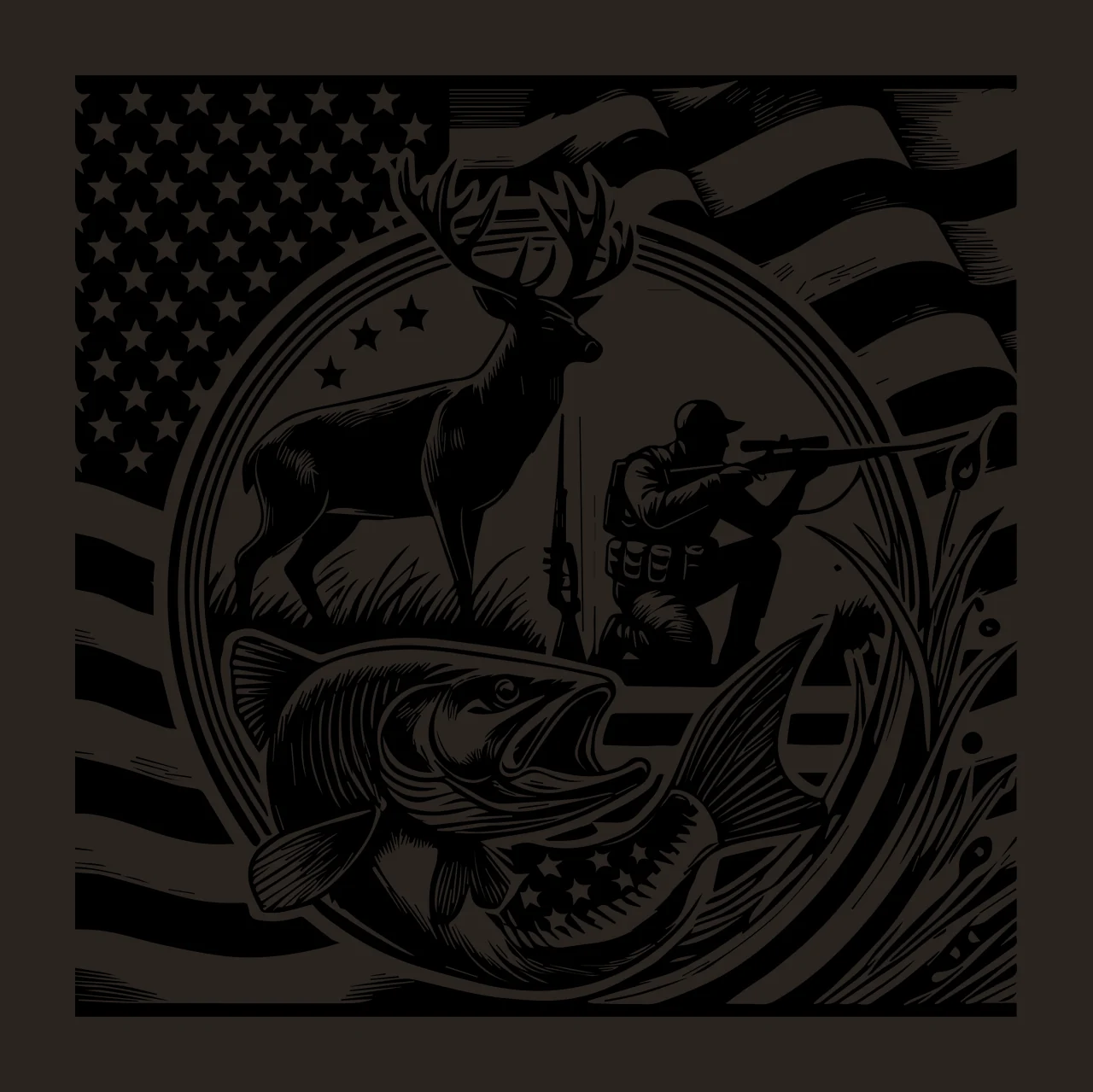 Hunting Fishing Scene With Deer And Flag hunter fish stars contrast preview thumbnail