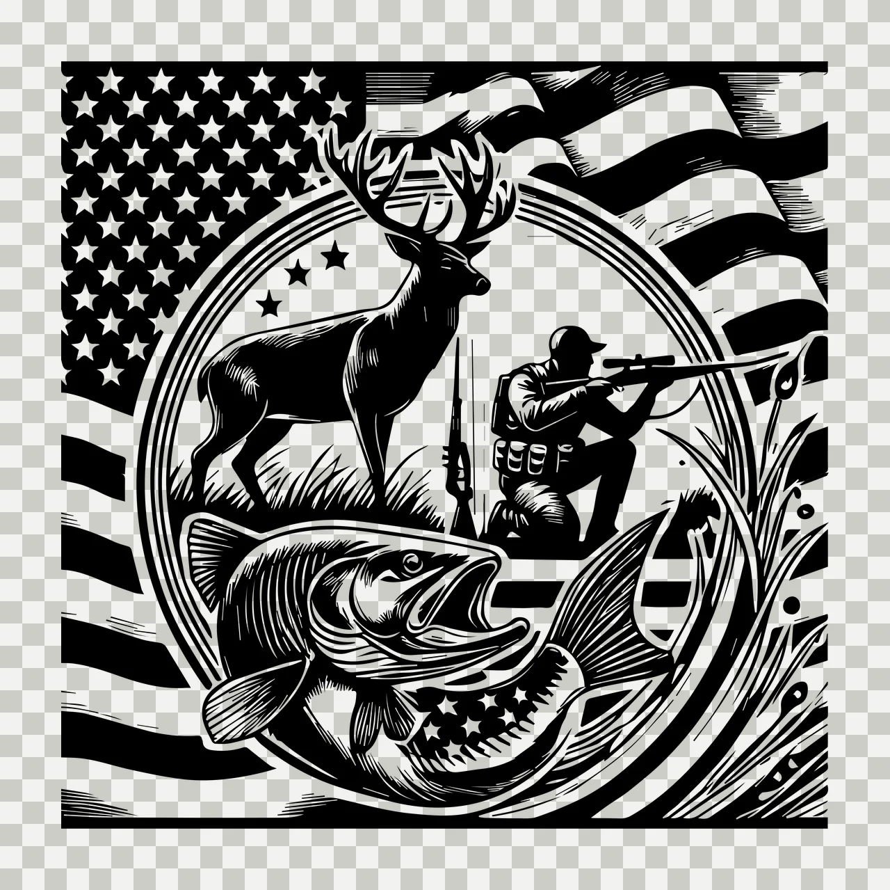 Hunting Fishing Scene With Deer And Flag hunter fish stars transparency and detail preview thumbnail