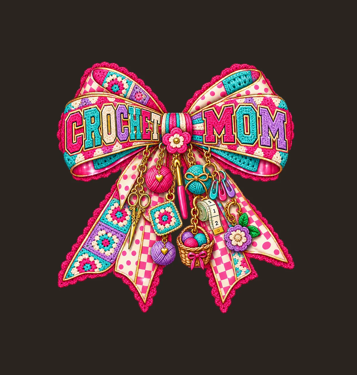 Crochet Mom Bow Charm PNG, Patterned Varsity Mom Ribbon Clipart, Transparent Sublimation Digital Download contrast preview thumbnail