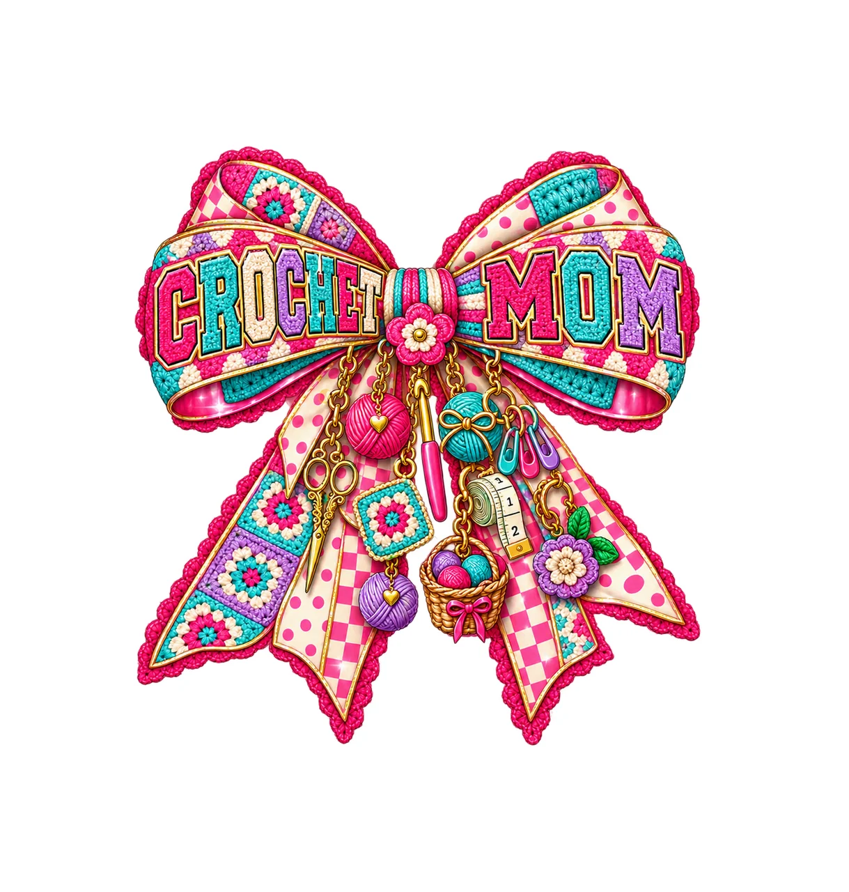 Crochet Mom Bow Charm PNG, Patterned Varsity Mom Ribbon Clipart, Transparent Sublimation Digital Download