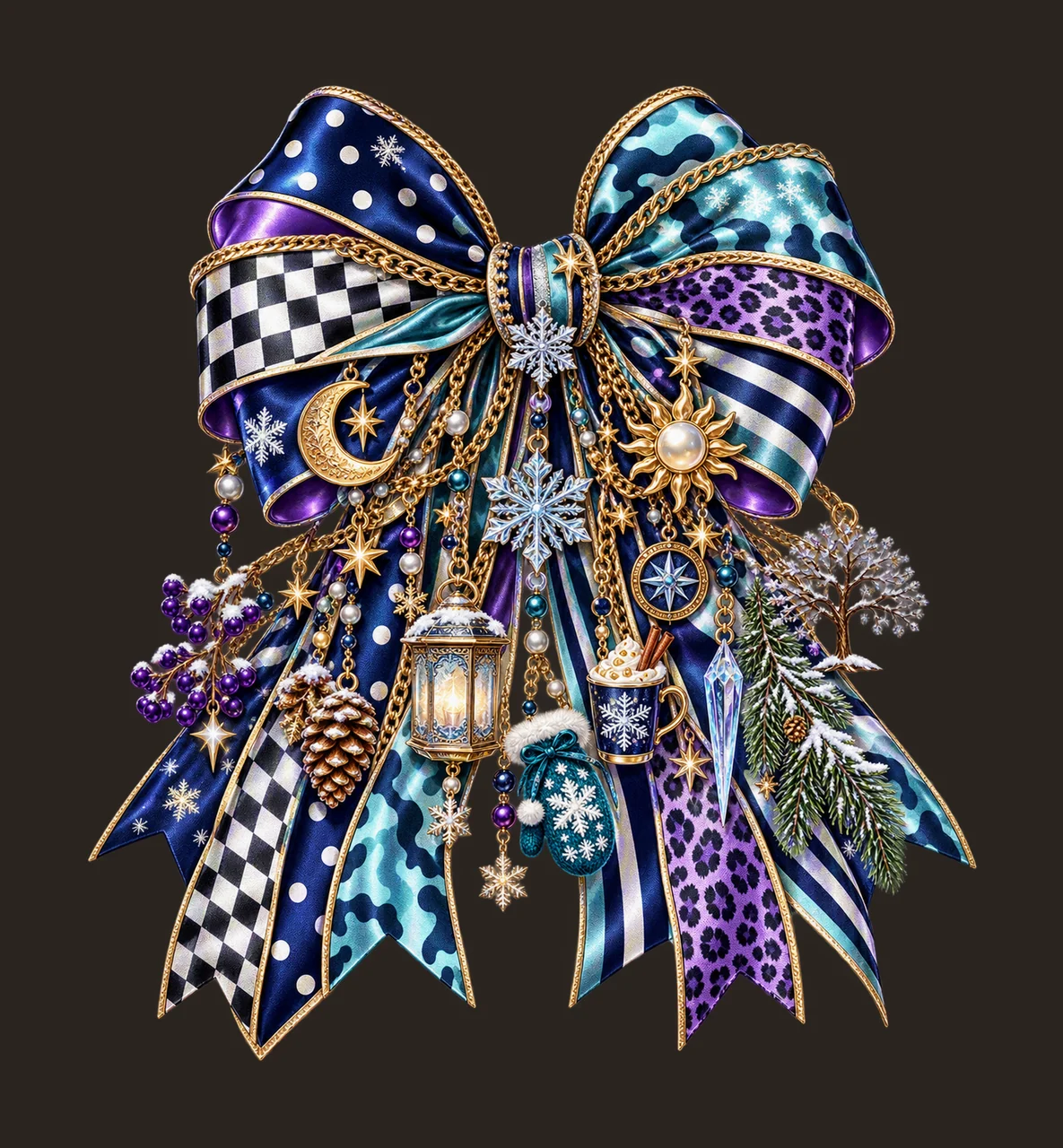 Winter Solstice Bow Charm PNG, Moon Sun Snowflake Tree and Lantern Charms, Secular Winter Sublimation Design, Transparent Download contrast preview thumbnail