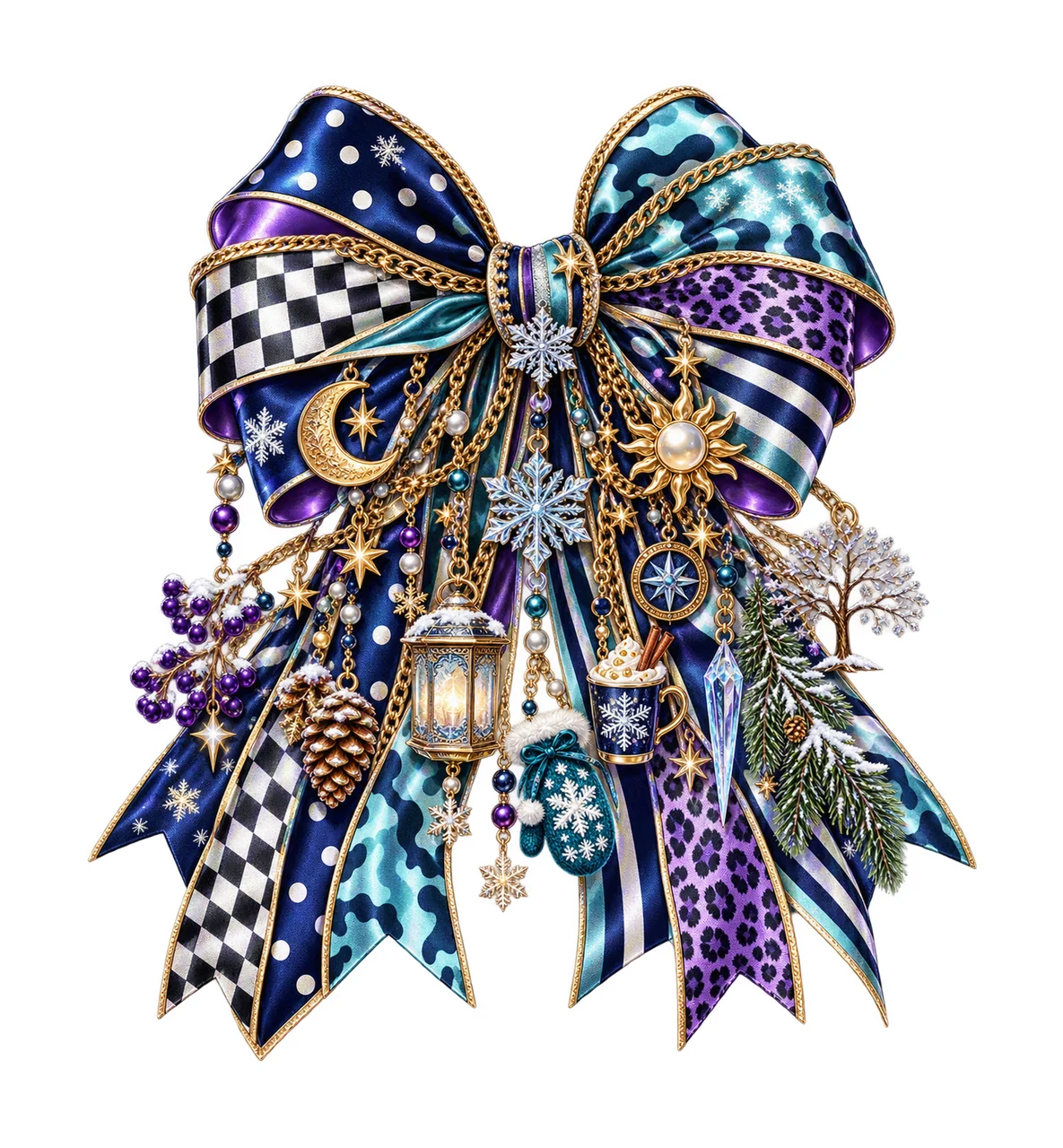 Winter Solstice Bow Charm PNG, Moon Sun Snowflake Tree and Lantern Charms, Secular Winter Sublimation Design, Transparent Download
