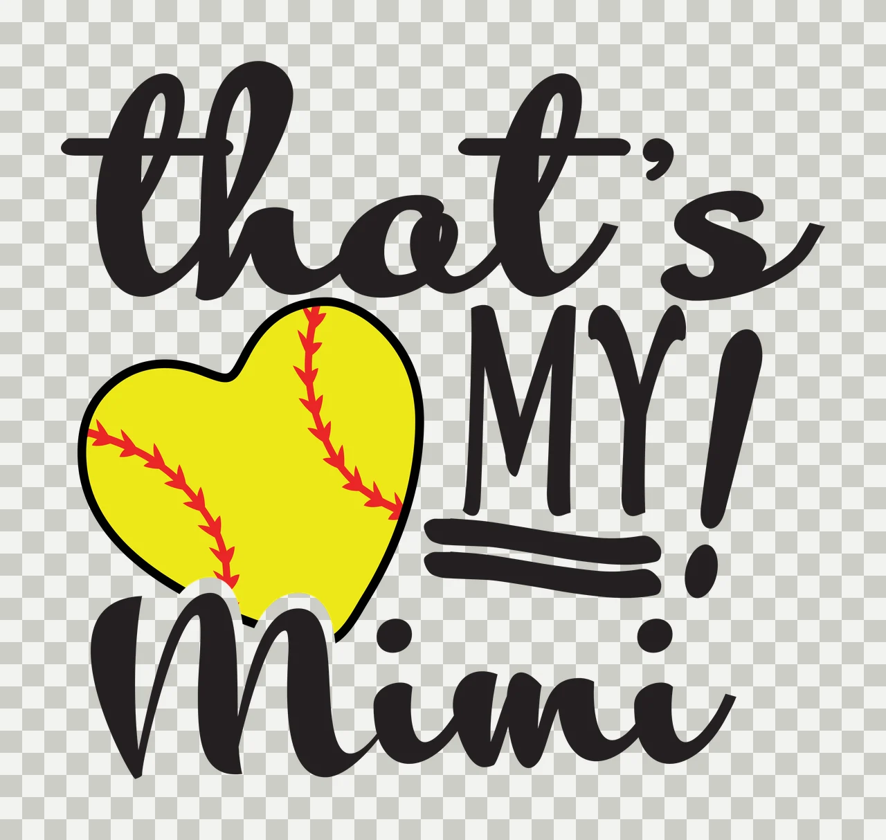 That's MY! Mimi Typography Design with that's text, yellow softball heart, red seams and underline bars in black transparency and detail preview thumbnail