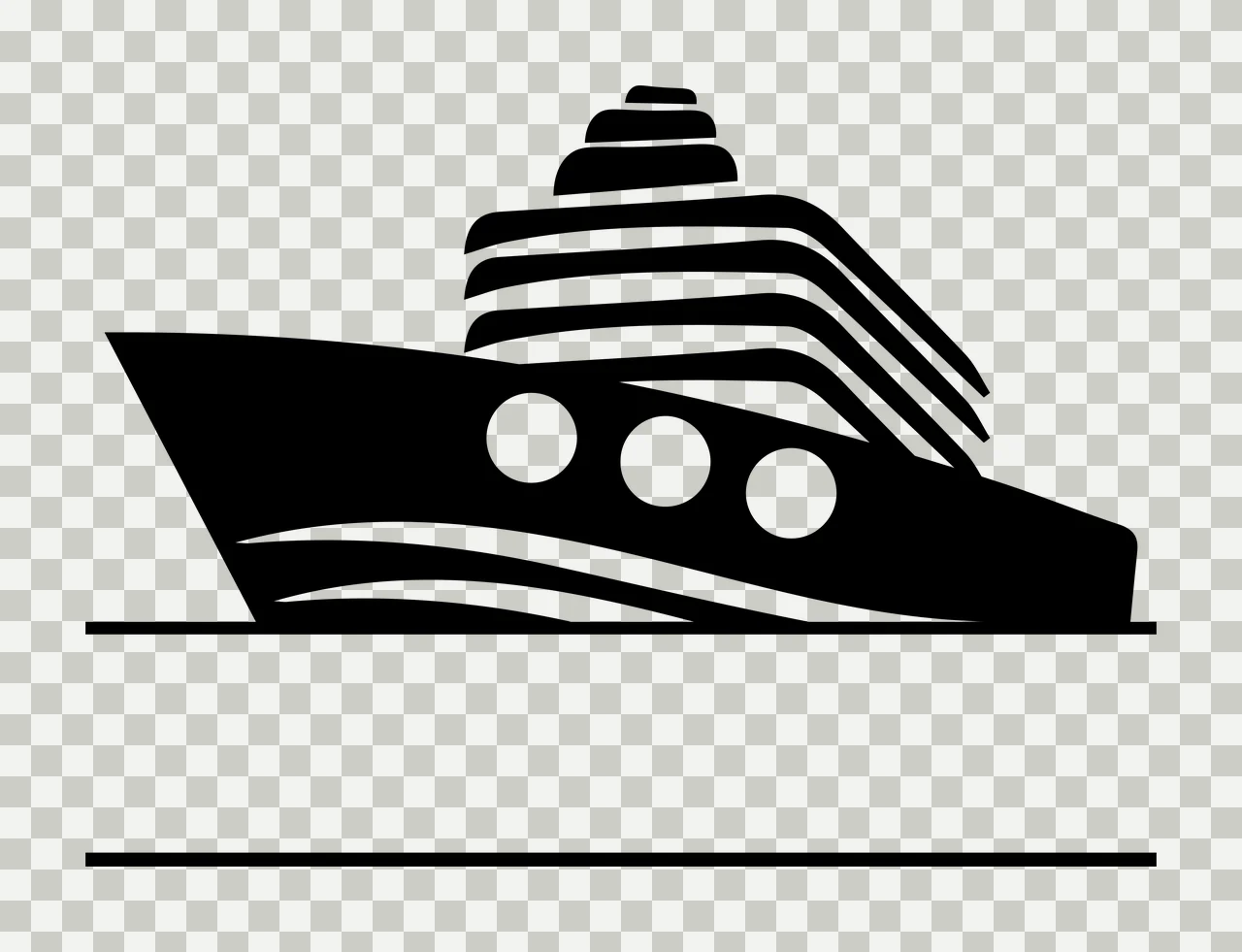 Silhouette Design of cruise ship with hull, portholes, decks and waves in black and white transparency and detail preview thumbnail