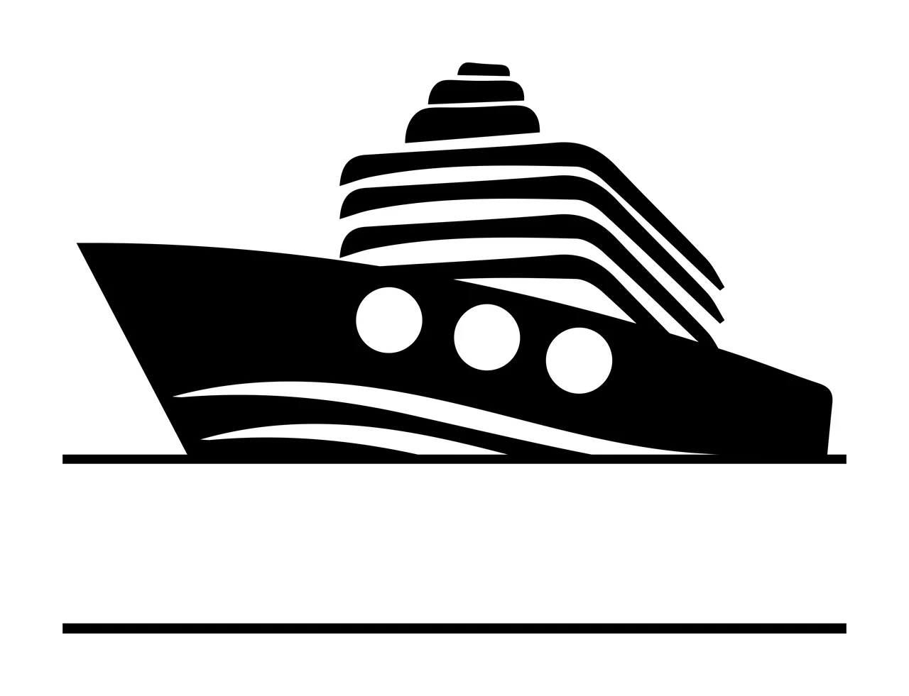 Silhouette Design of cruise ship with hull, portholes, decks and waves in black and white