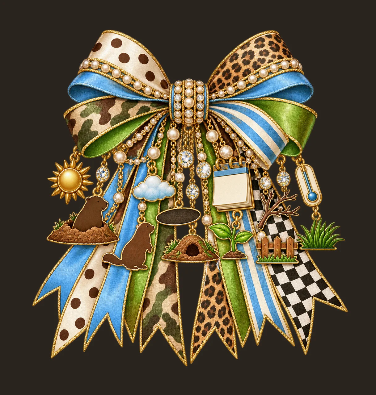 Groundhog Day Bow Charm PNG, Themed Gold Chain Charms, Coquette Ribbon Sublimation Design, Transparent Digital Download contrast preview thumbnail