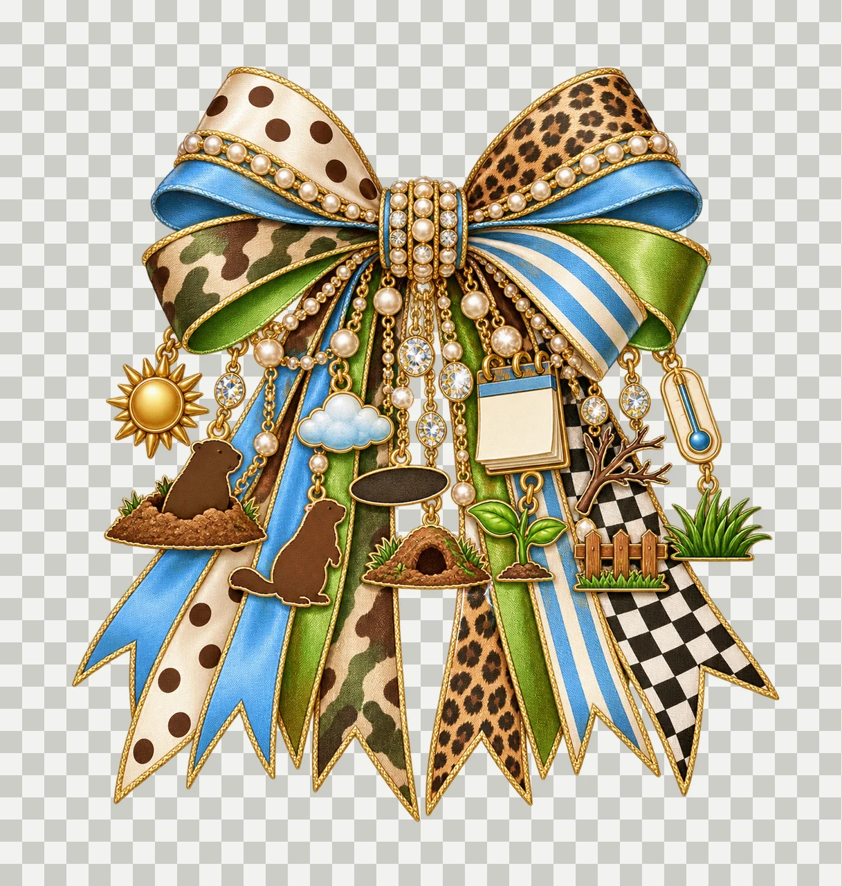 Groundhog Day Bow Charm PNG, Themed Gold Chain Charms, Coquette Ribbon Sublimation Design, Transparent Digital Download transparency and detail preview thumbnail