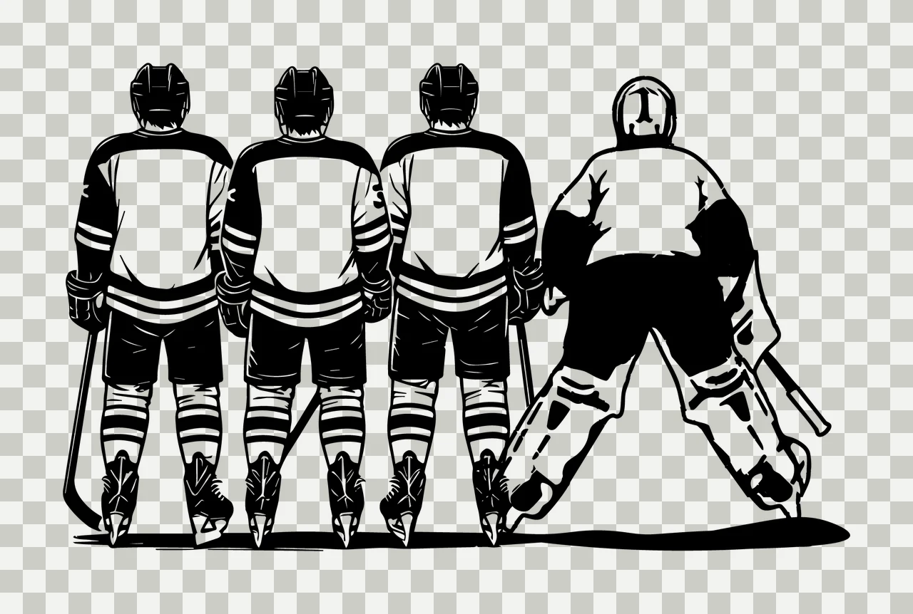 Hockey Four Players Standing Backwards jersey stick ice skates transparency and detail preview thumbnail