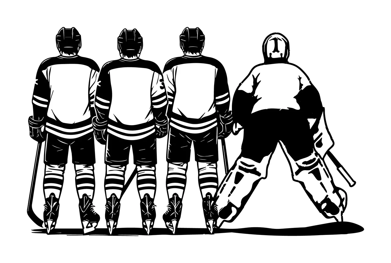 Hockey Four Players Standing Backwards jersey stick ice skates