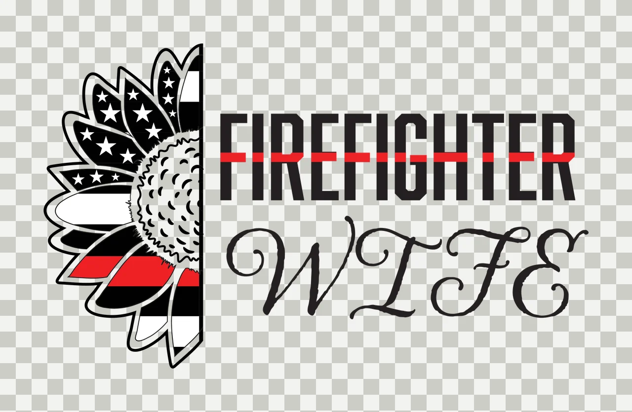 FIREFIGHTER WIFE Typography Design with half sunflower, thin red line, American flag pattern and stars in black and white transparency and detail preview thumbnail