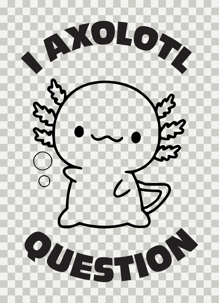 I AXOLOTL QUESTION Typography Design with axolotl with feathery external gills, mug held in right limb, two circular bubbles and text 'I AXOLOTL' arched above in black and white transparency and detail preview thumbnail