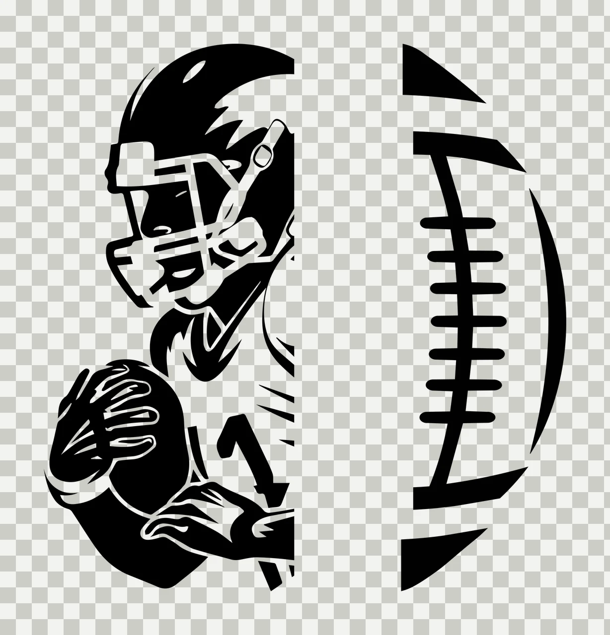 1 Football Player And Ball Split helmet graphic black white transparency and detail preview thumbnail