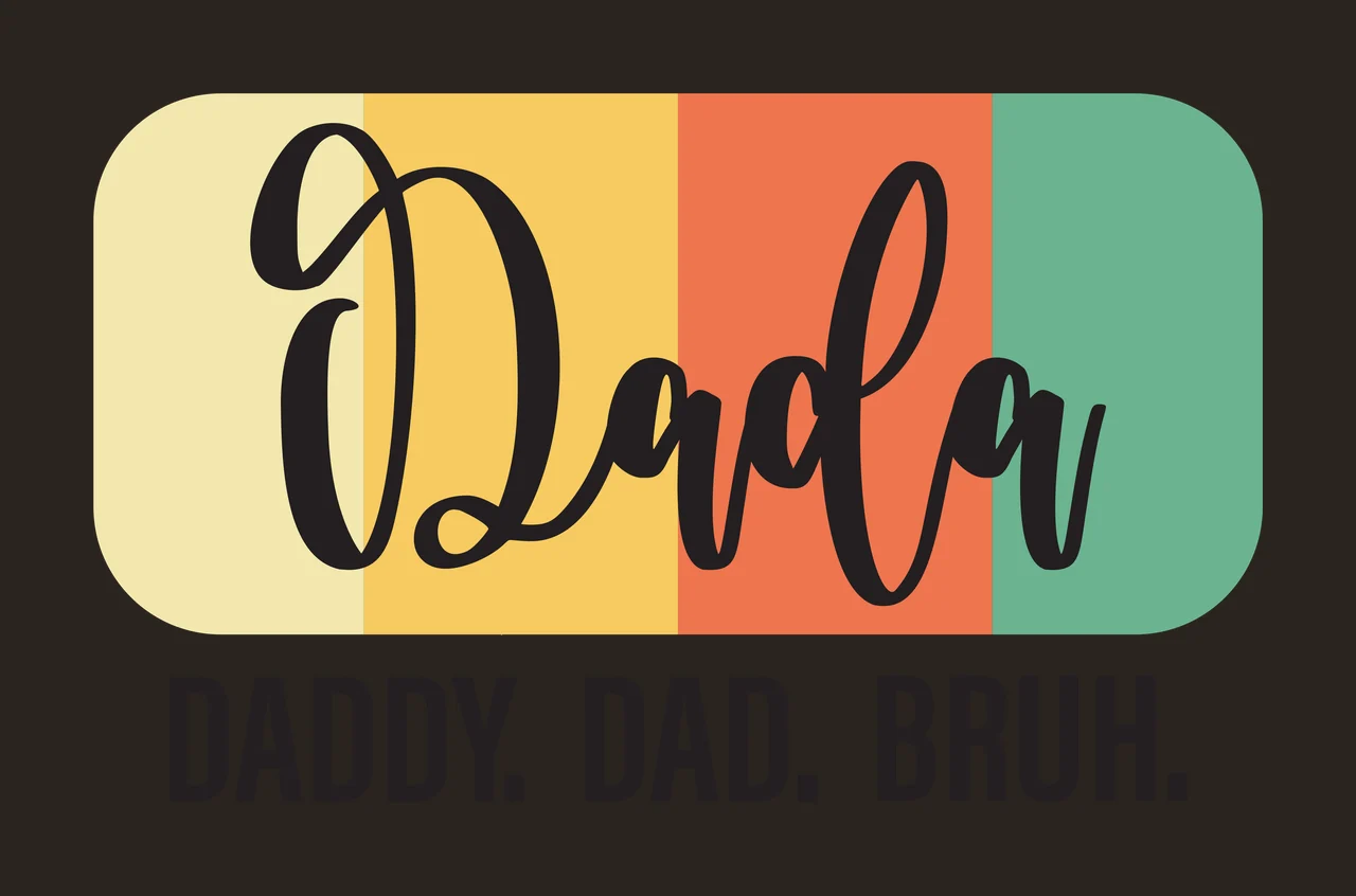 Dada DADDY. DAD. BRUH. Typography Design with rounded rectangle, vertical stripes, script text and block lettering in black, yellow and orange contrast preview thumbnail