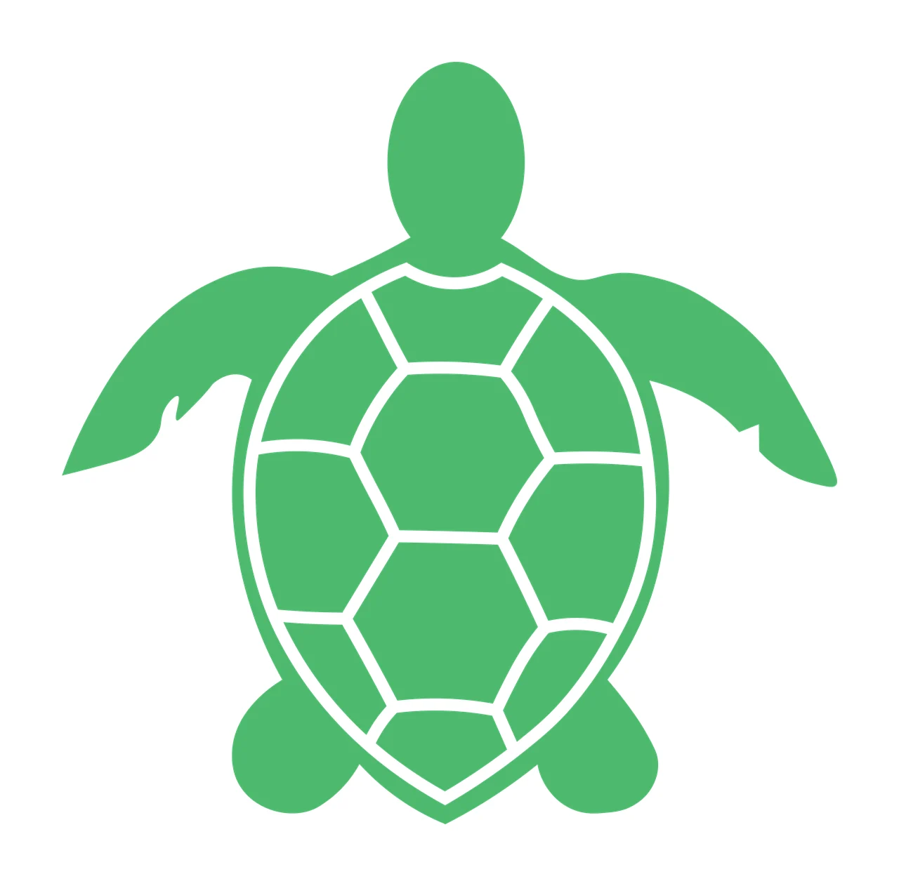 Sea turtle Illustration with turtle carapace, flippers, geometric scute lines and head in green and white
