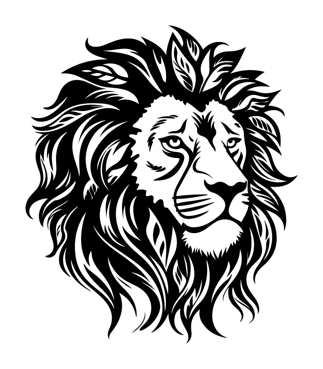 Lion Head With Leafy Mane leaves black white nature 11 F16 face