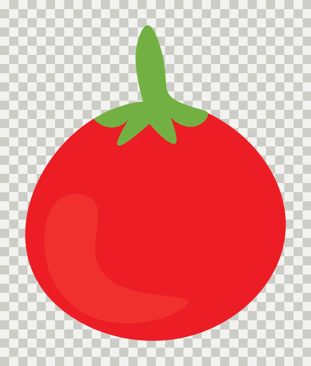 Red tomato Illustration with green stem, calyx and curved highlight in light red transparency and detail preview thumbnail