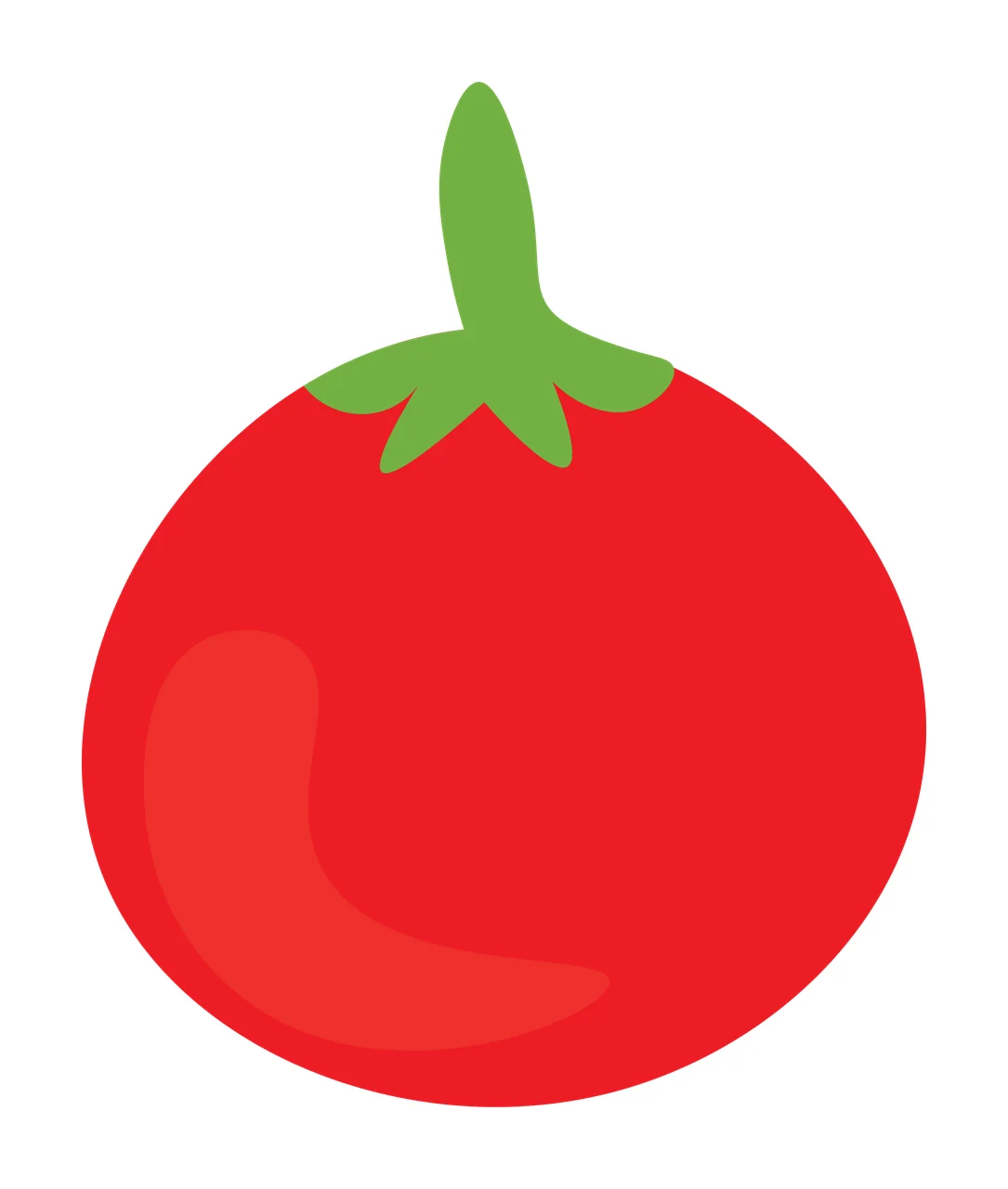 Red tomato Illustration with green stem, calyx and curved highlight in light red