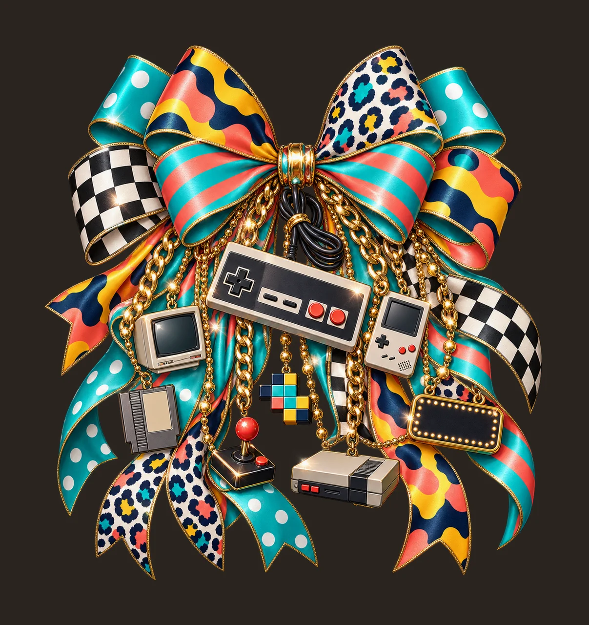 Gamer Retro Wired Controller Bow Charm PNG, Gold Chain Charms, Transparent Sublimation Design, Digital Download contrast preview thumbnail
