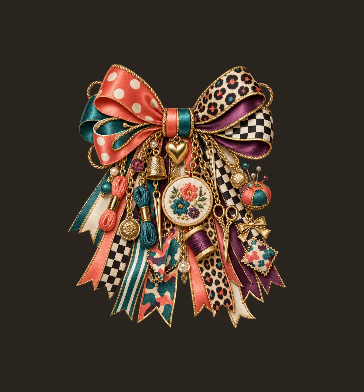 Embroidery Artist Bow Charm PNG, Themed Gold Chain Charms, Coquette Ribbon Sublimation Design, Transparent Digital Download contrast preview thumbnail