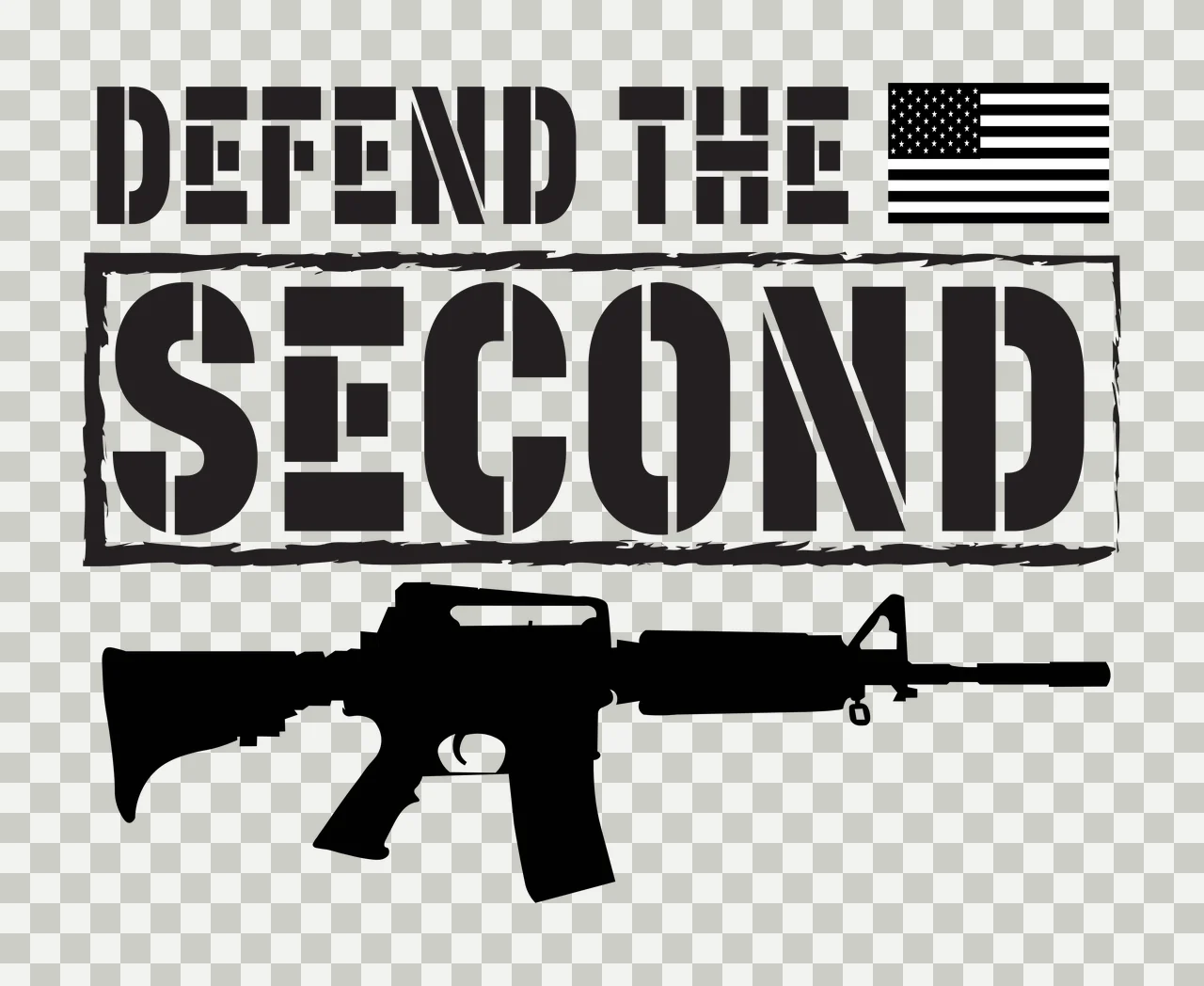 DEFEND THE SECOND Typography Design with text 'DEFEND THE SECOND', American flag icon and rifle silhouette in black and white transparency and detail preview thumbnail