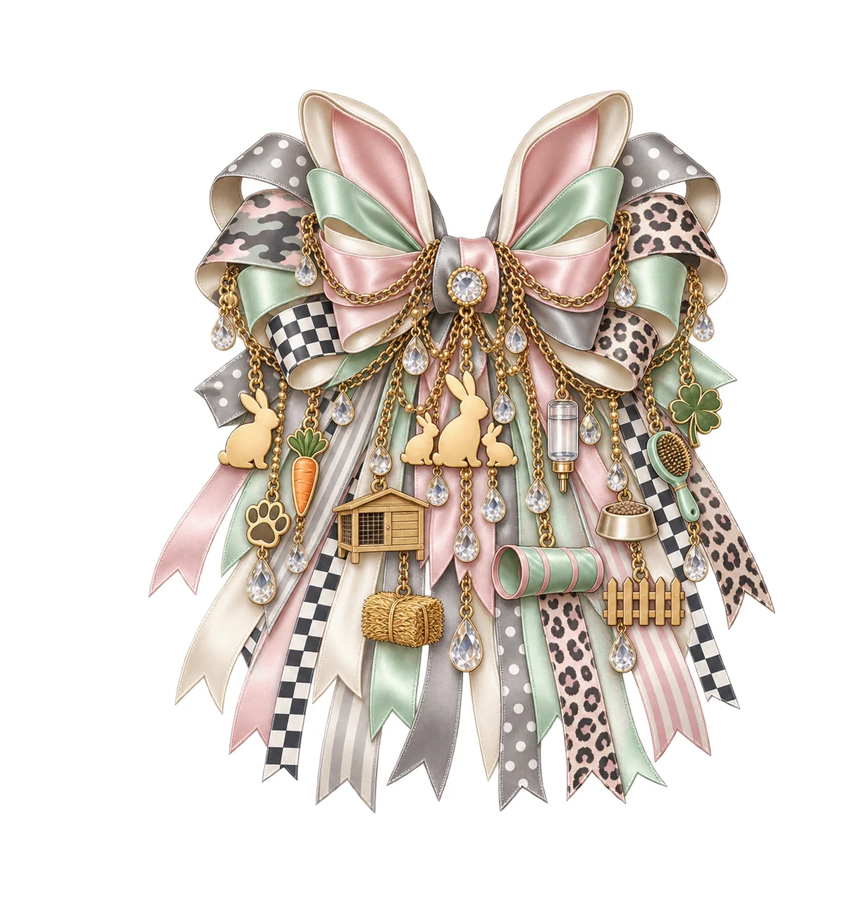 Rabbit Mom Bow Charm PNG, Gold Chain Charms, Transparent Sublimation Design, Digital Download