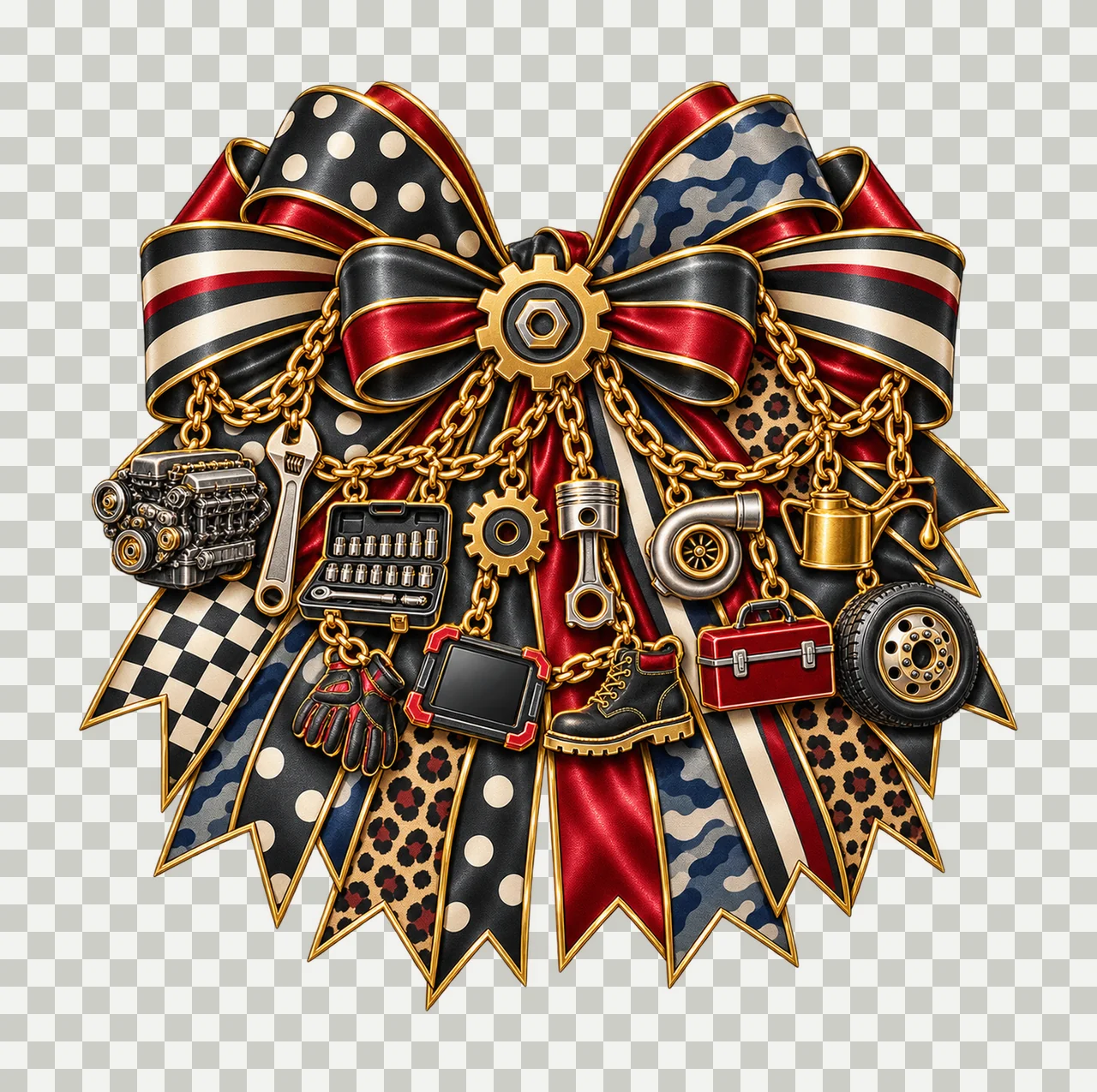 Diesel Mechanic Bow Charm PNG, Gold Chain Charms, Transparent Sublimation Design, Digital Download transparency and detail preview thumbnail