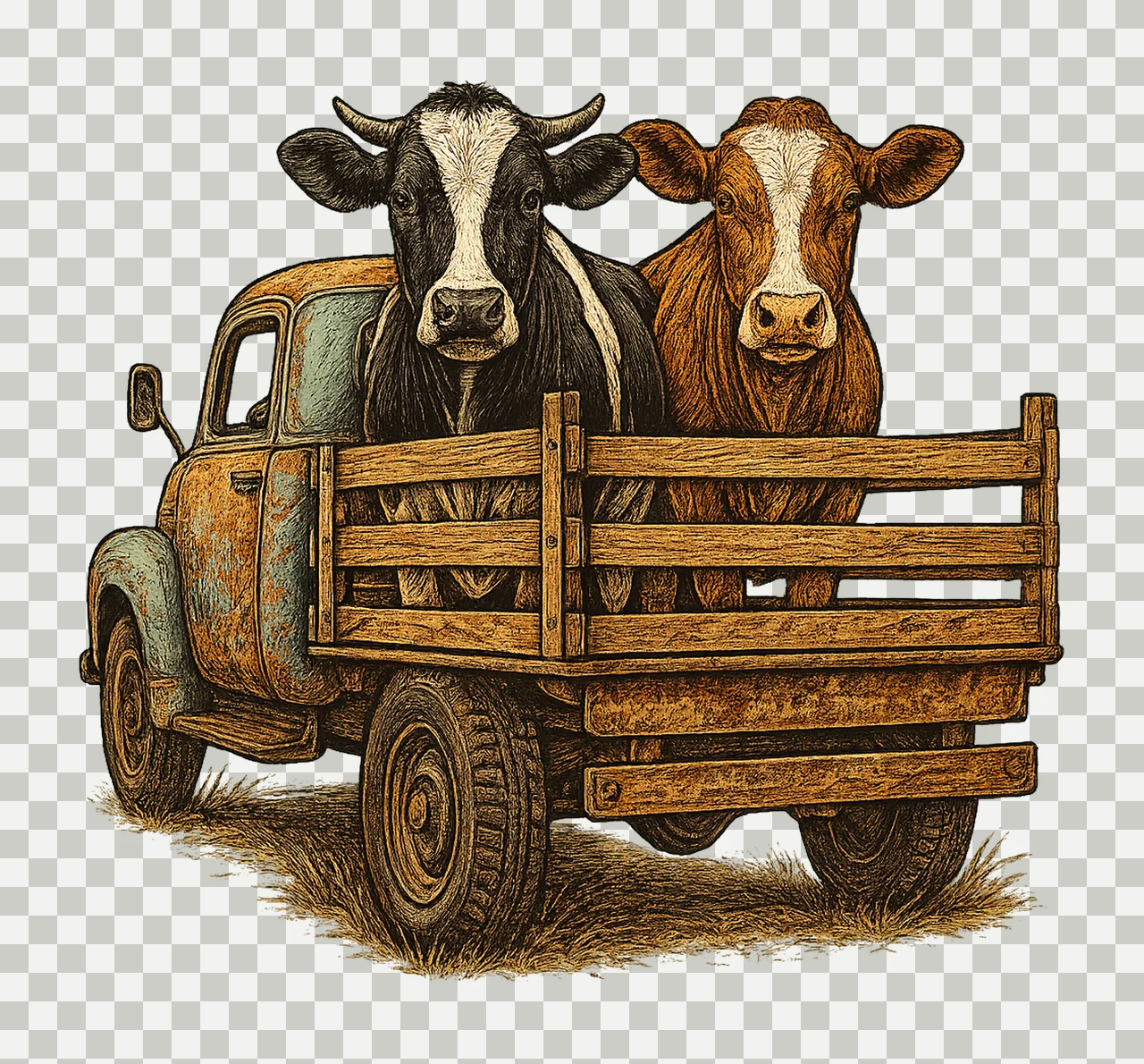 Cows in Farm Truck Watercolor Cow Artwork Farming Design Old transparency and detail preview thumbnail