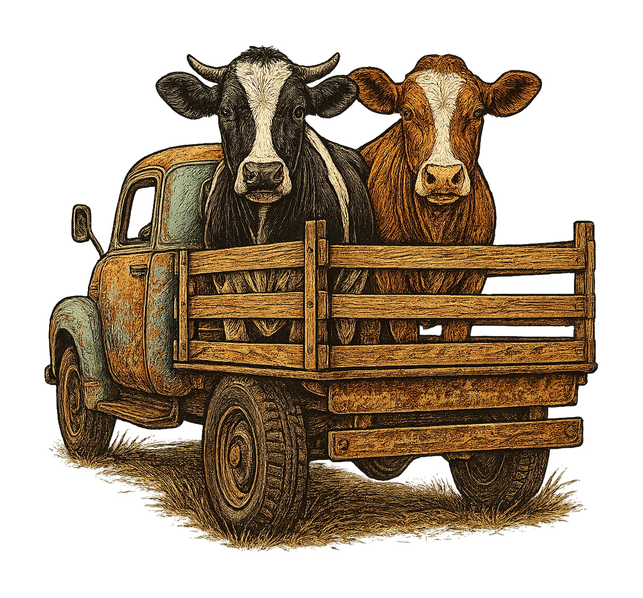 Cows in Farm Truck Watercolor Cow Artwork Farming Design Old