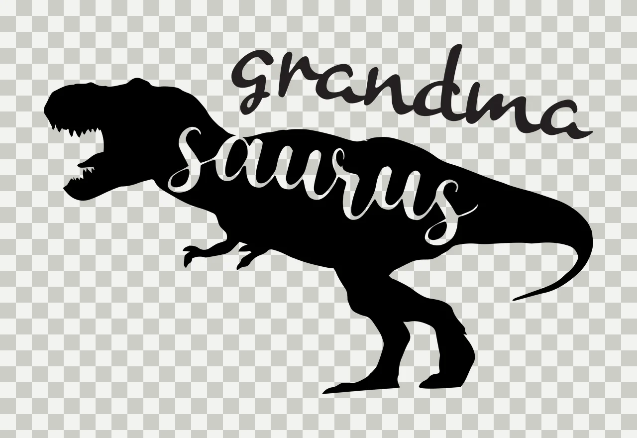 Grandma saurus Typography Design with Tyrannosaurus Rex silhouette and handwritten text in black and white transparency and detail preview thumbnail