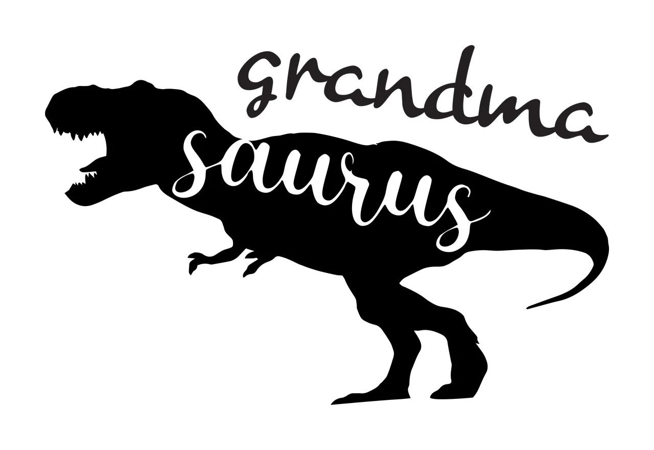 Grandma saurus Typography Design with Tyrannosaurus Rex silhouette and handwritten text in black and white
