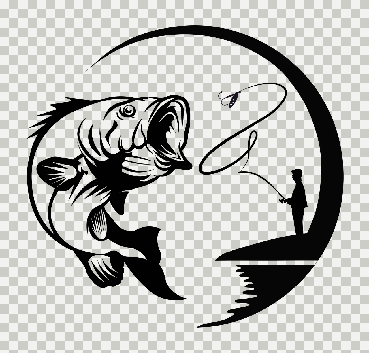 Fishing Bass Jumping From Water With Fisherman fish rod circle transparency and detail preview thumbnail