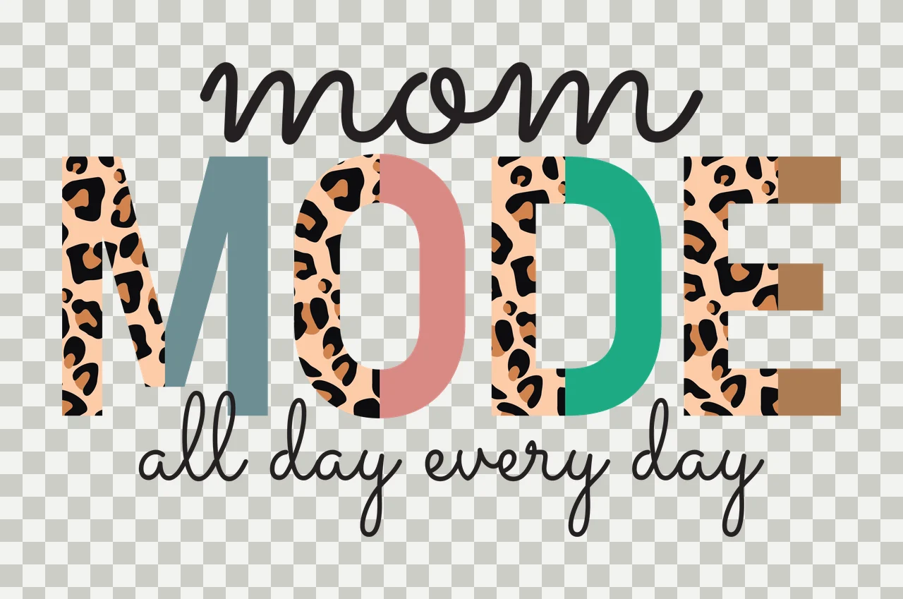 Mom MODE all day every day Typography Design with leopard print, color-blocked letters, black cursive script and text 'mom' in beige and teal transparency and detail preview thumbnail